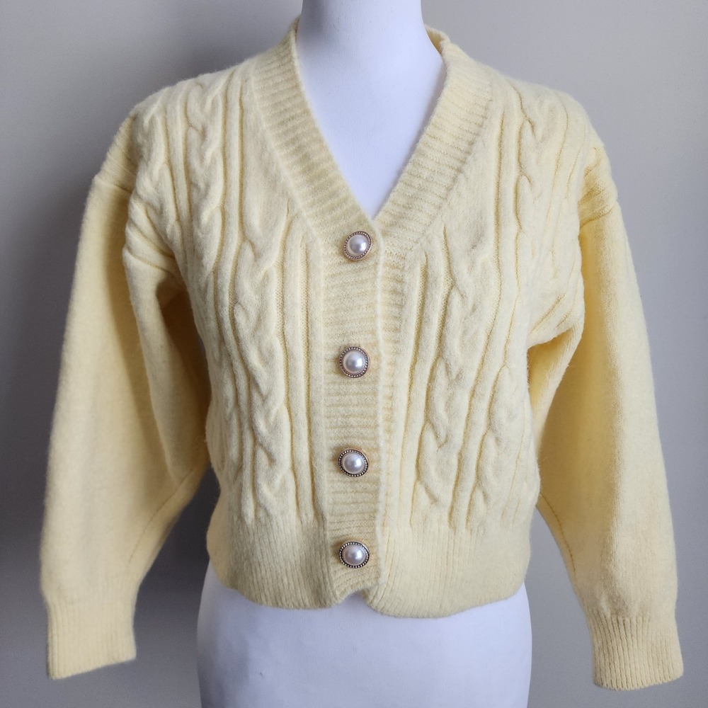 Pastel Yellow Cable Knit Crop Cardigan Womens Small Long Sleeve Coquette Kidcore
